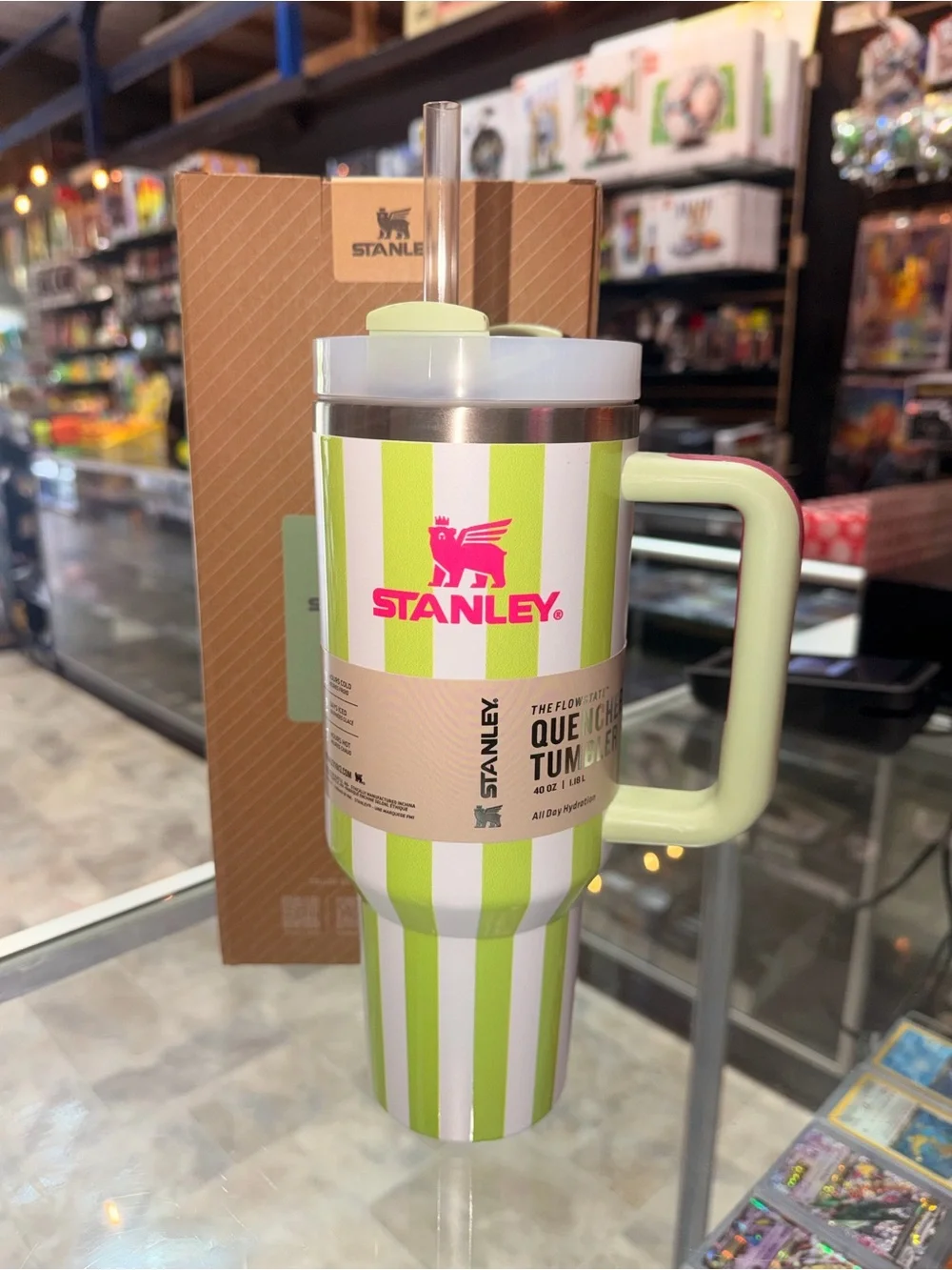 Stanley Green and White Striped Travel Tumbler with Handle